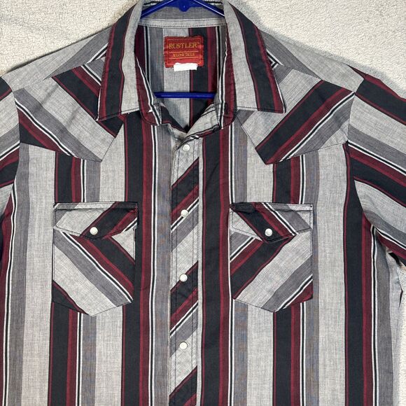 Vintage Rustler Western Shirt Men’s L Pearl Snap Gray Black X Long Tails Yoke - Picture 3 of 13